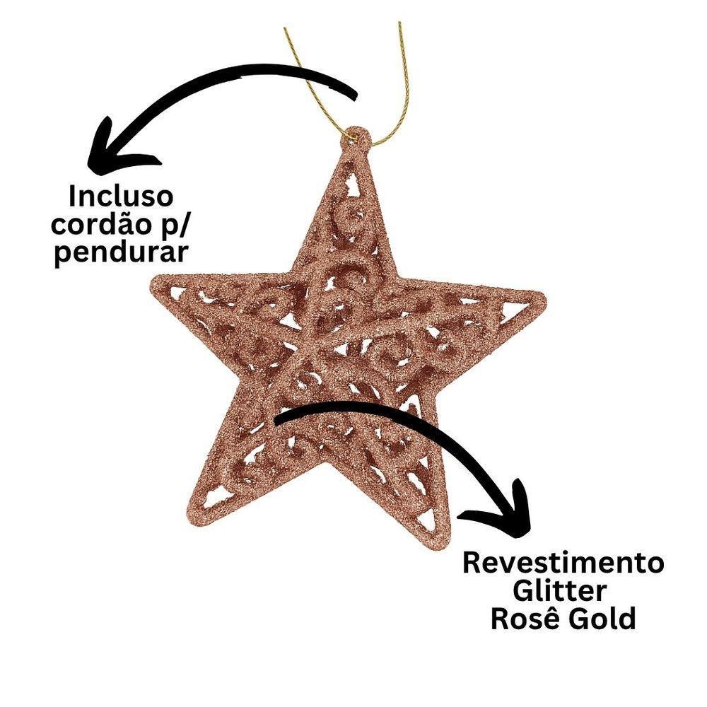 Kit 3 Estrelas Tridimensional Glitter Arabesco Natal Rosê Gold 9cm - Magizi - 5