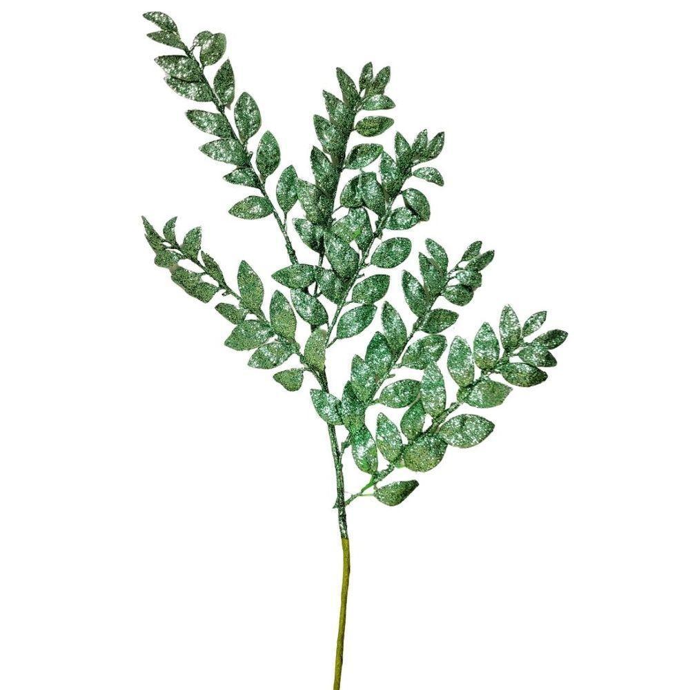 Galho Haste Folhagem Natalina Decorativa Verde Glitter Brilhante 45cm - Bela Flor - 1