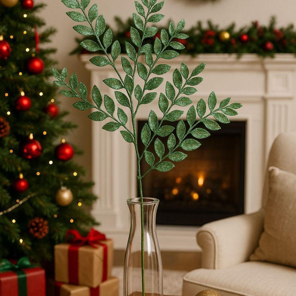 Galho Haste Folhagem Natalina Decorativa Verde Glitter Brilhante 45cm - Bela Flor - 2
