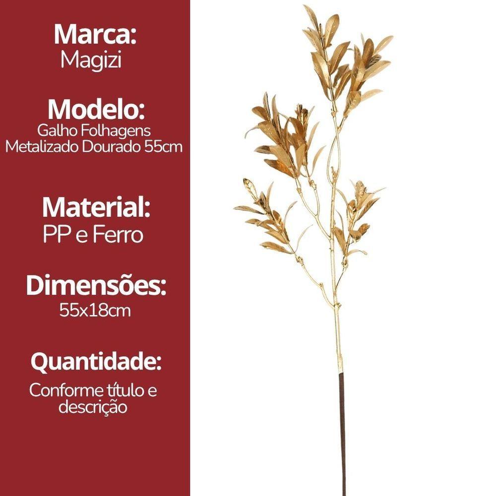 Kit 3 Galhos Decorativo Natalino Folhagens Douradas Metalizadas 55cm - Magizi - 6