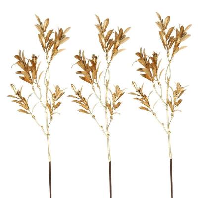 Kit 3 Galhos Decorativo Natalino Folhagens Douradas Metalizadas 55cm - Magizi