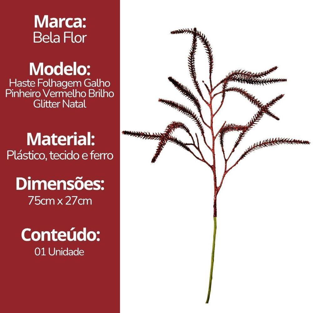 Galho Decorativo Natal Pinheiro Glitter Vermelho Luxo 43cm - Bela Flor - 7