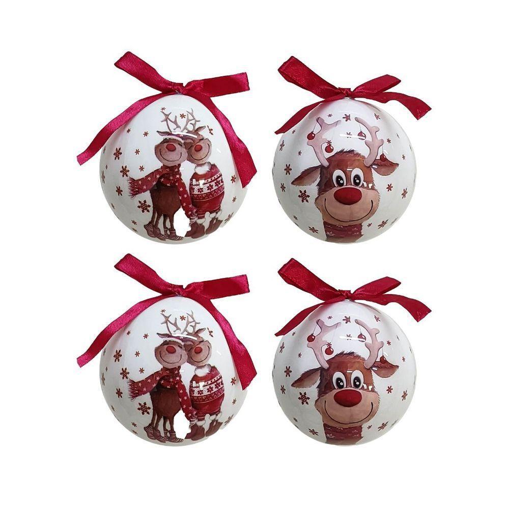 Conjunto 4 Bolas De Natal Decorada Branco Laqueado Premium Renas Love Com Laço Vermelho 7,5cm - 3