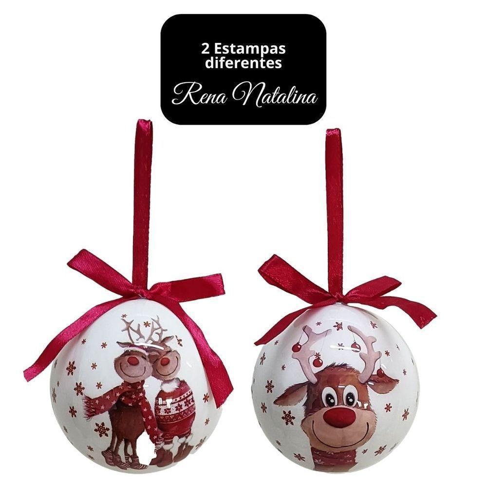 Conjunto 4 Bolas De Natal Decorada Branco Laqueado Premium Renas Love Com Laço Vermelho 7,5cm - 5