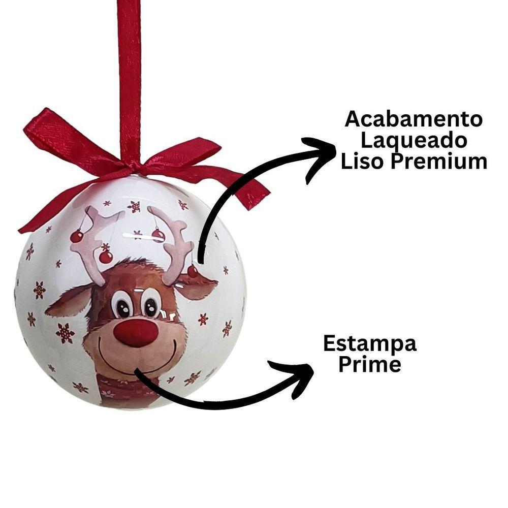 Conjunto 4 Bolas De Natal Decorada Branco Laqueado Premium Renas Love Com Laço Vermelho 7,5cm - 6