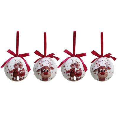 Conjunto 4 Bolas De Natal Decorada Branco Laqueado Premium Renas Love Com Laço Vermelho 7,5cm