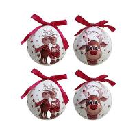 Conjunto 4 Bolas De Natal Decorada Branco Laqueado Premium Renas Love Com Laço Vermelho 7,5cm - 3