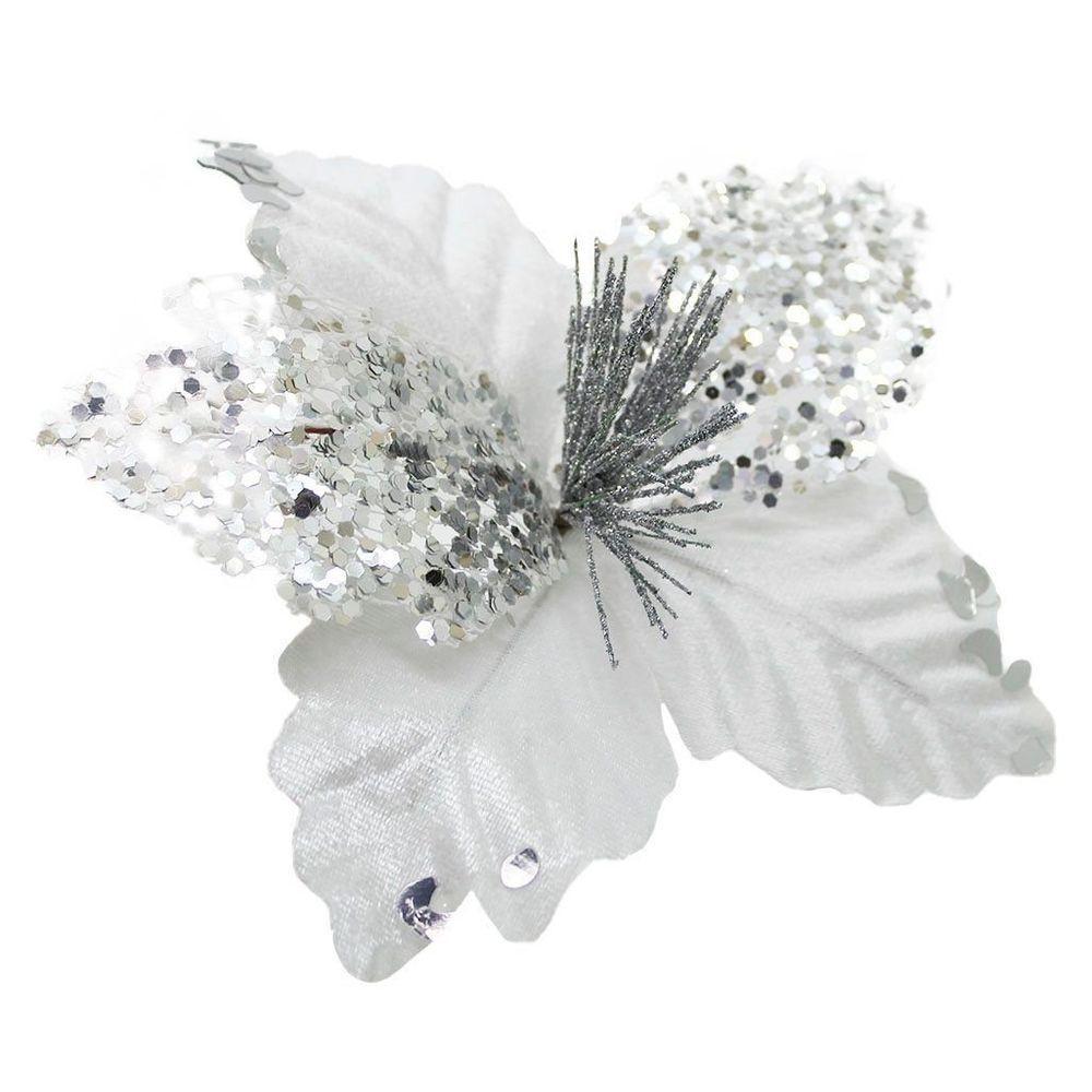 Kit 6 Flor De Natal Prata Artificial Com Brilho 19cm - 1