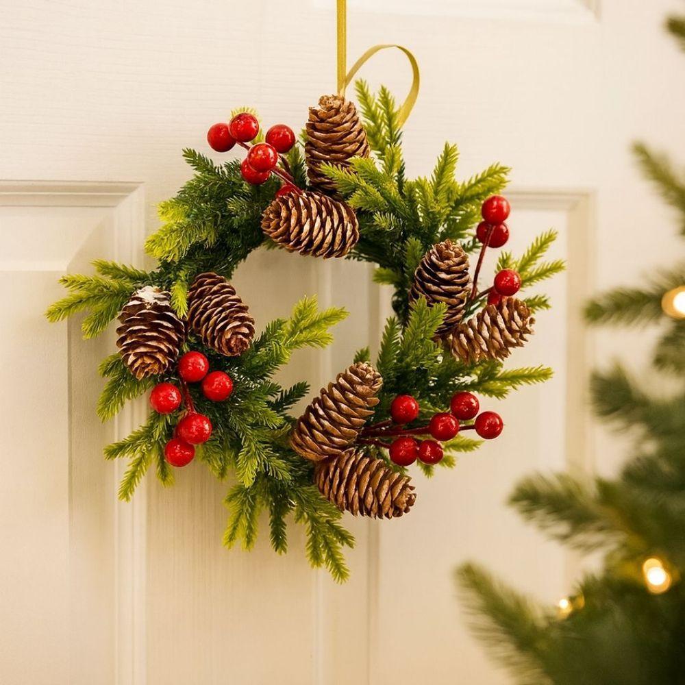 Guirlanda Decorada Natal Rústica Pinhas E Azevinhos Nevados 25cm Verde - Master Christmas - 2