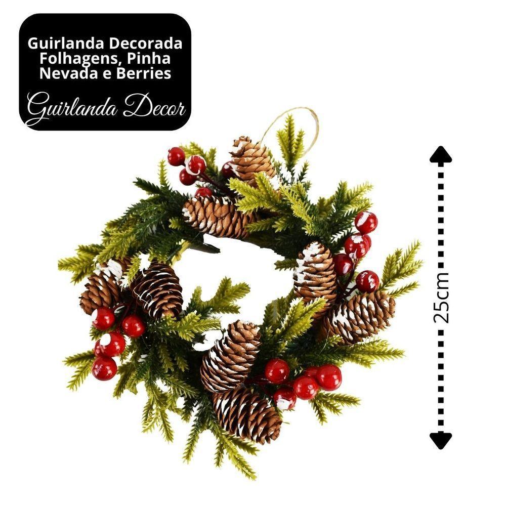 Guirlanda Decorada Natal Rústica Pinhas E Azevinhos Nevados 25cm Verde - Master Christmas - 4