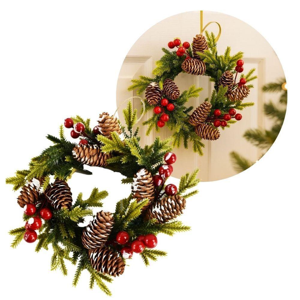 Guirlanda Decorada Natal Rústica Pinhas E Azevinhos Nevados 25cm Verde - Master Christmas - 5