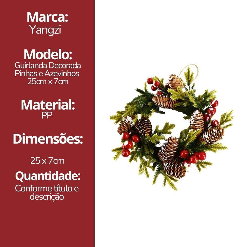 Guirlanda Decorada Natal Rústica Pinhas E Azevinhos Nevados 25cm Verde - Master Christmas - 6