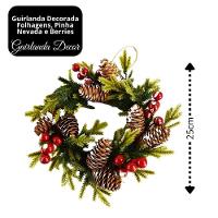 Guirlanda Decorada Natal Rústica Pinhas E Azevinhos Nevados 25cm Verde - Master Christmas