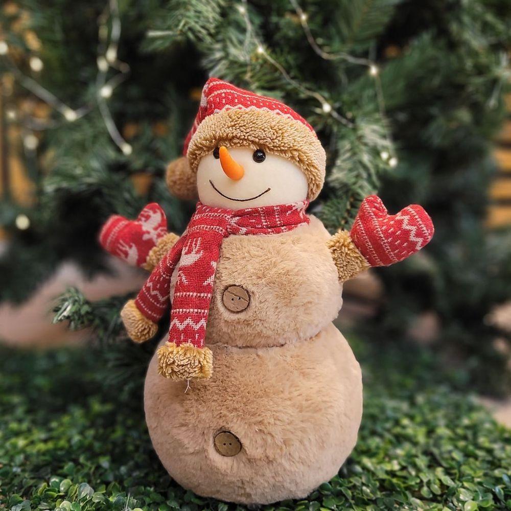 Boneco De Neve Decorativo Natal Em Pelúcia Com Gorro E Cachecol Crochê Vermelho 30cm - 2