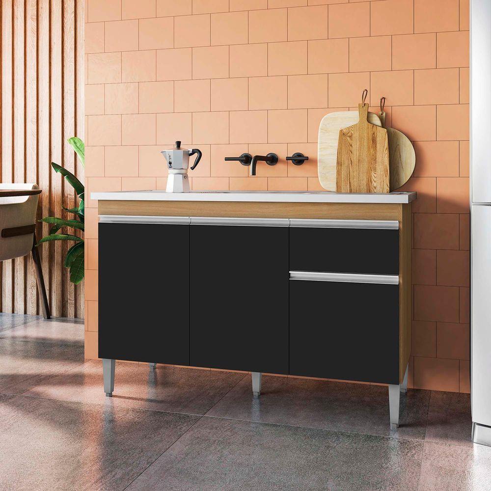 Gabinete Balcão Tatiane 120cm 3 Pt E 1 Gav S/tampo - Amêndoa /preto - 2