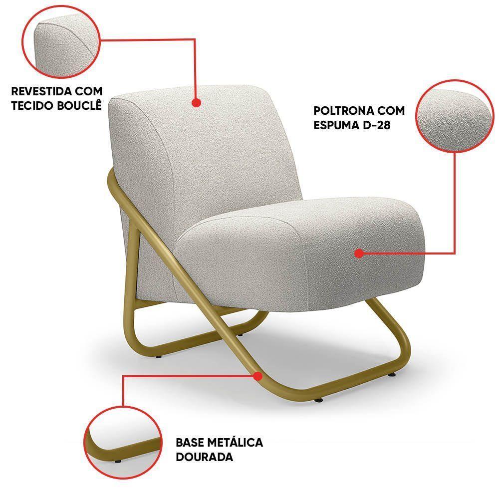 Poltrona Sala Decorativa Industrial Dourado Martina Bouclê Cinza K01 - D'rossi - 3