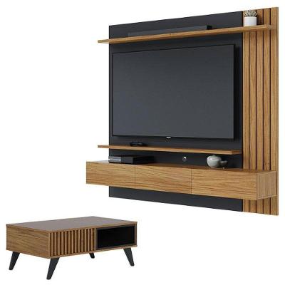 Painel Para Tv Home Suspenso Juriti 1.8 Com Mesa De Centro Jeri Noce Milano Preto Acetinado - Colibri