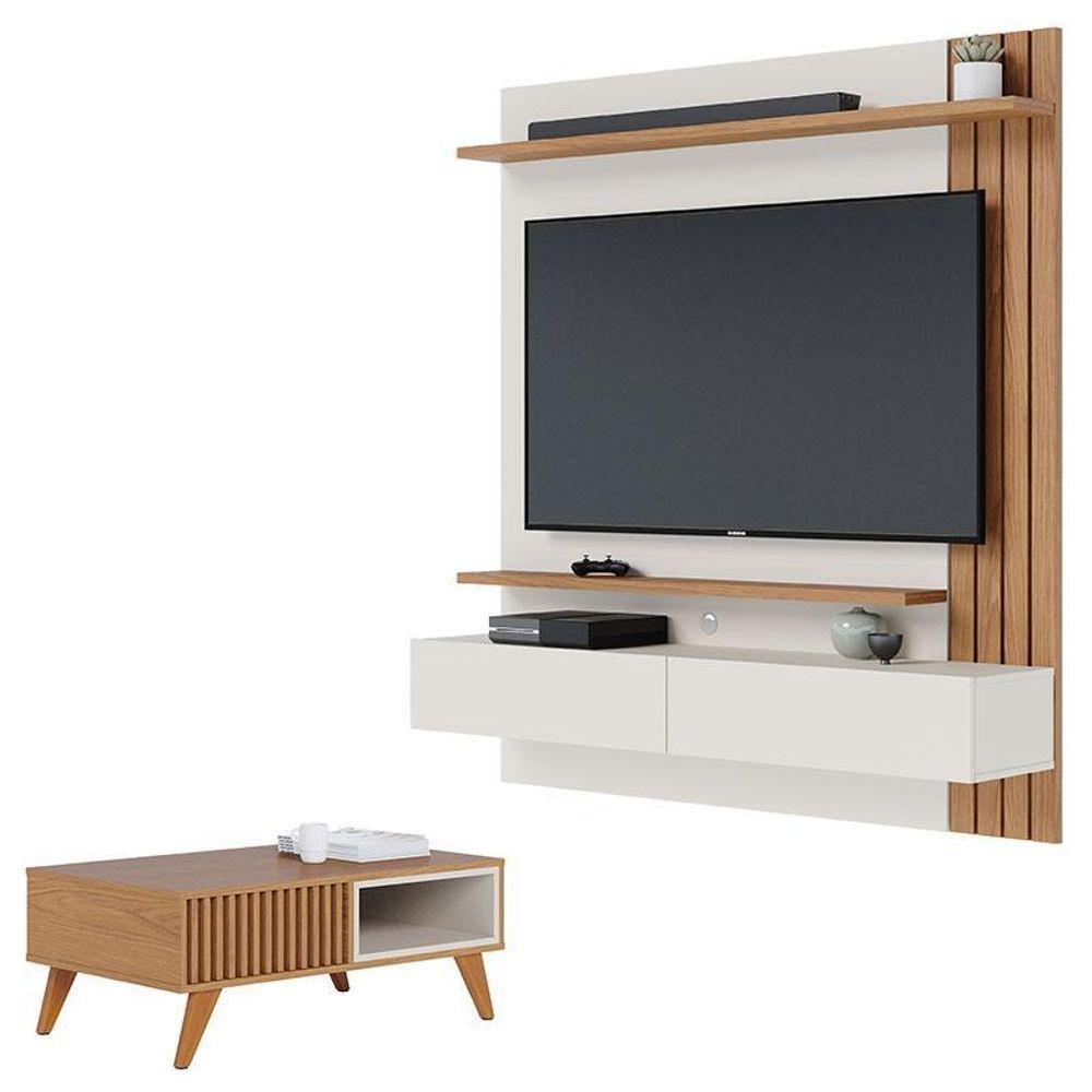 Painel Para Tv Home Suspenso Juriti 1.5 Off White Matte Freijó Com Mesa De Centro Jeri Freijó Off White - Colibri - 1