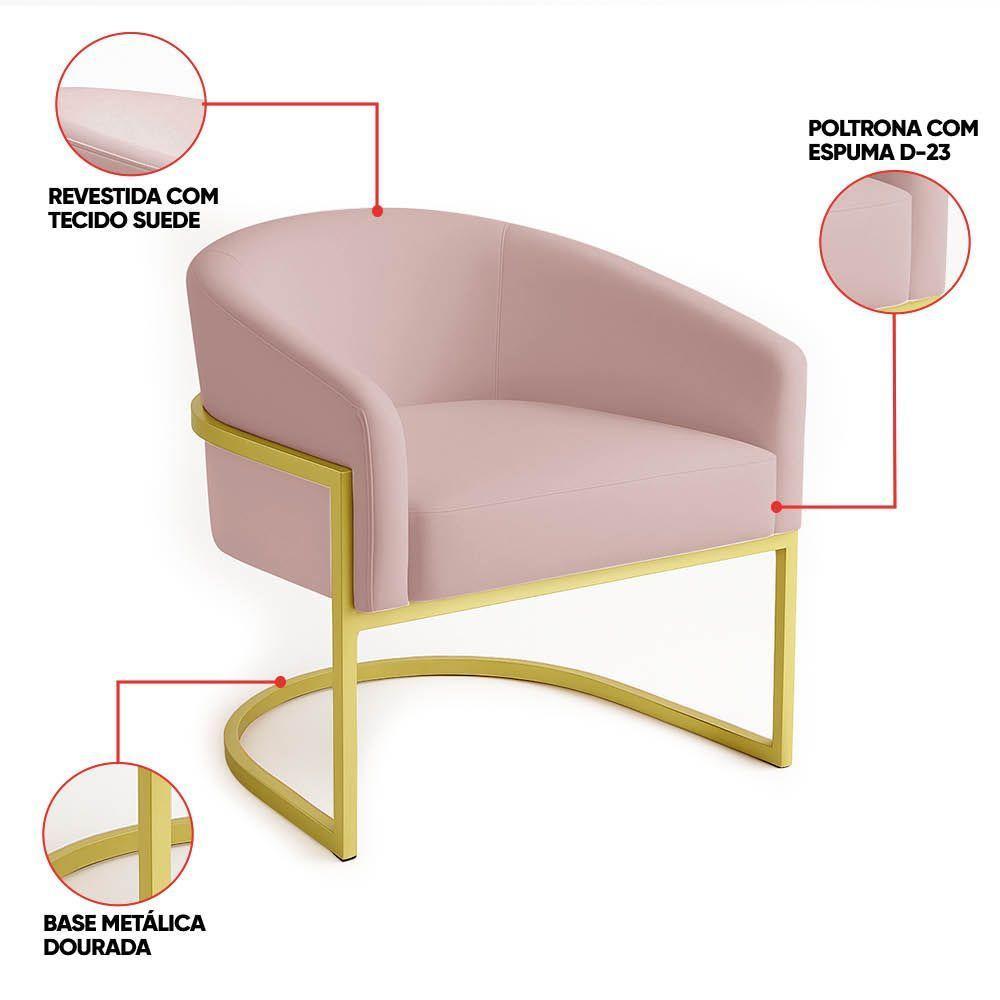 Poltrona Sala Decorativa Industrial Dourada Kit 2 Arielle Veludo Cor Rose - 4