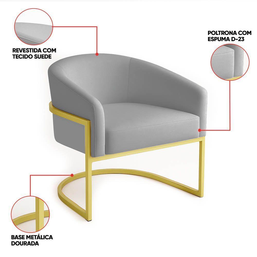 Poltrona Sala Decorativa Industrial Dourada Arielle Suede Cinza - 4