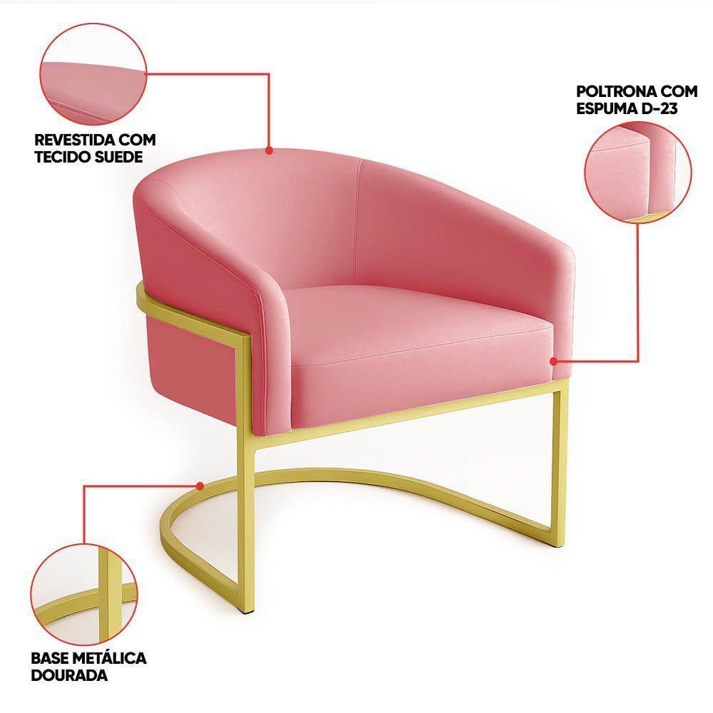 Poltrona Sala Decorativa Industrial Dourada Kit 2 Arielle Suede Rosê - 3