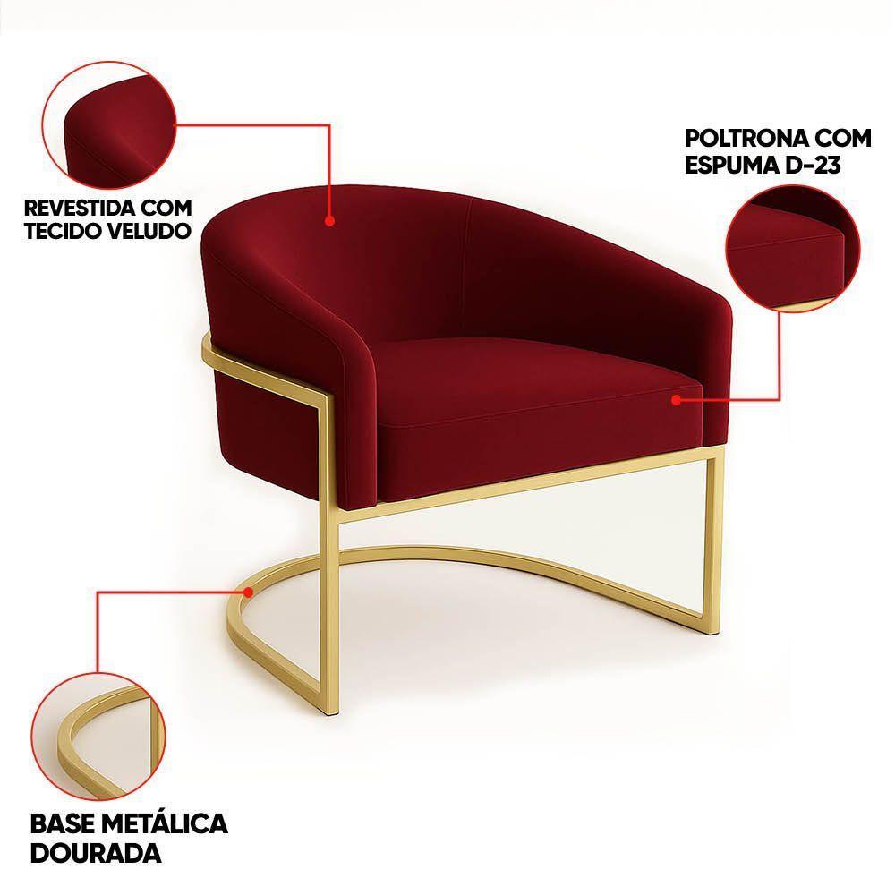Poltrona Sala Decorativa Industrial Dourada Kit 2 Arielle Veludo Marsala - 3