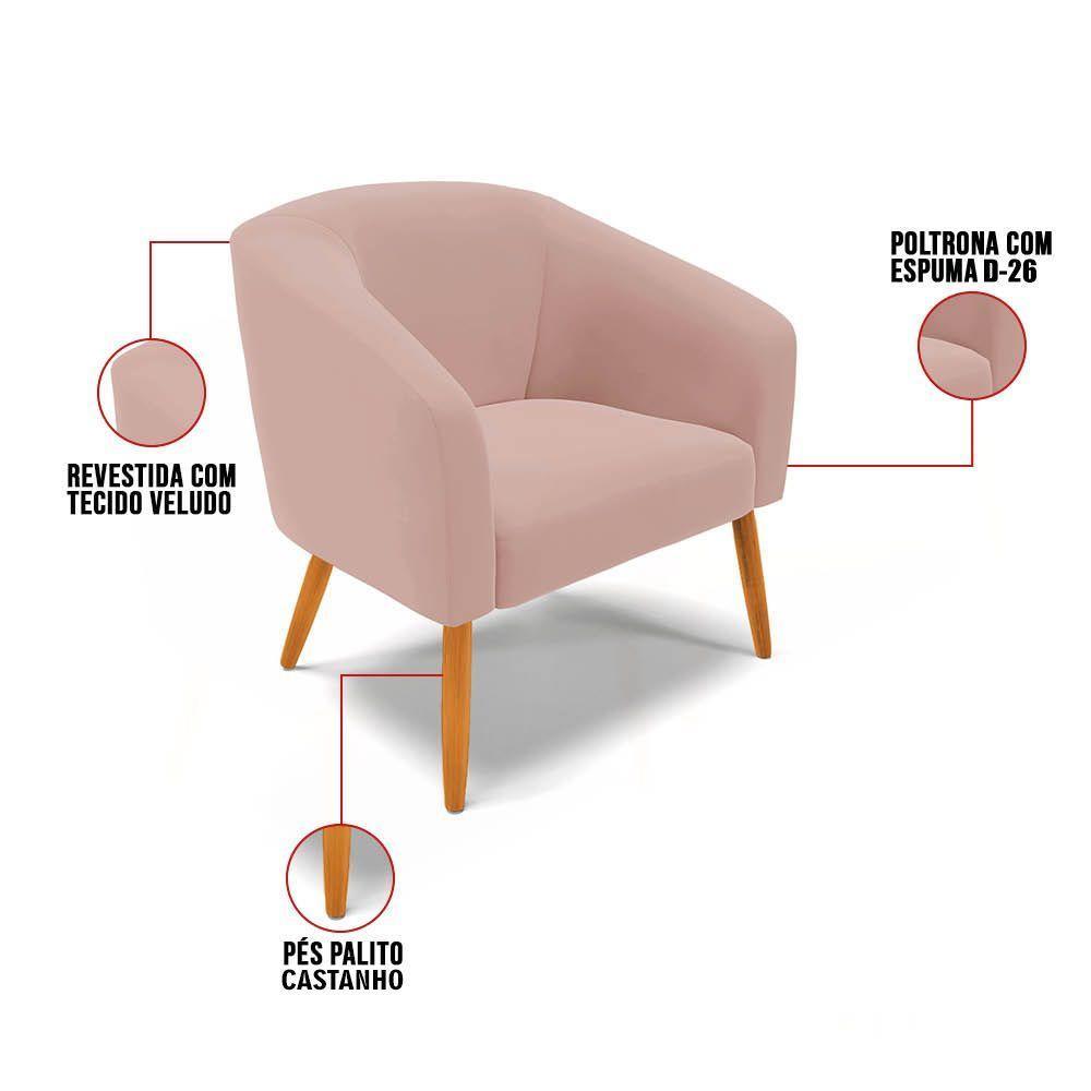 Poltrona Decorativa Pé Palito Castanho Kit 2 Stella Veludo Rosê D03 - D'rossi - 4