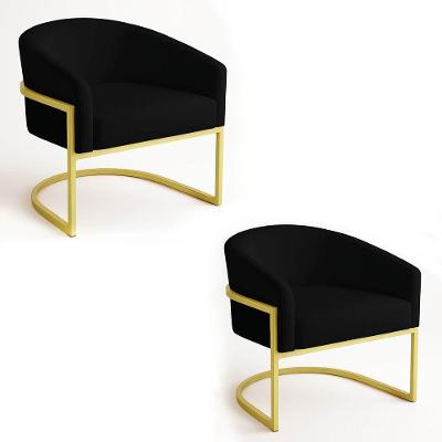 Poltrona Sala Decorativa Industrial Dourada Kit 2 Arielle Suede Preto