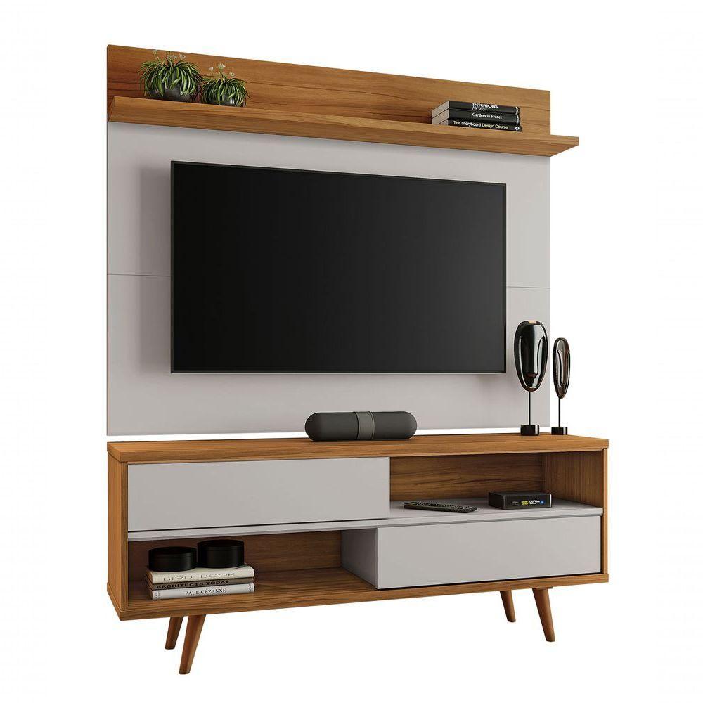 Rack Com Painel Assimério Off White Com Freijó - Moveisaqui - 1