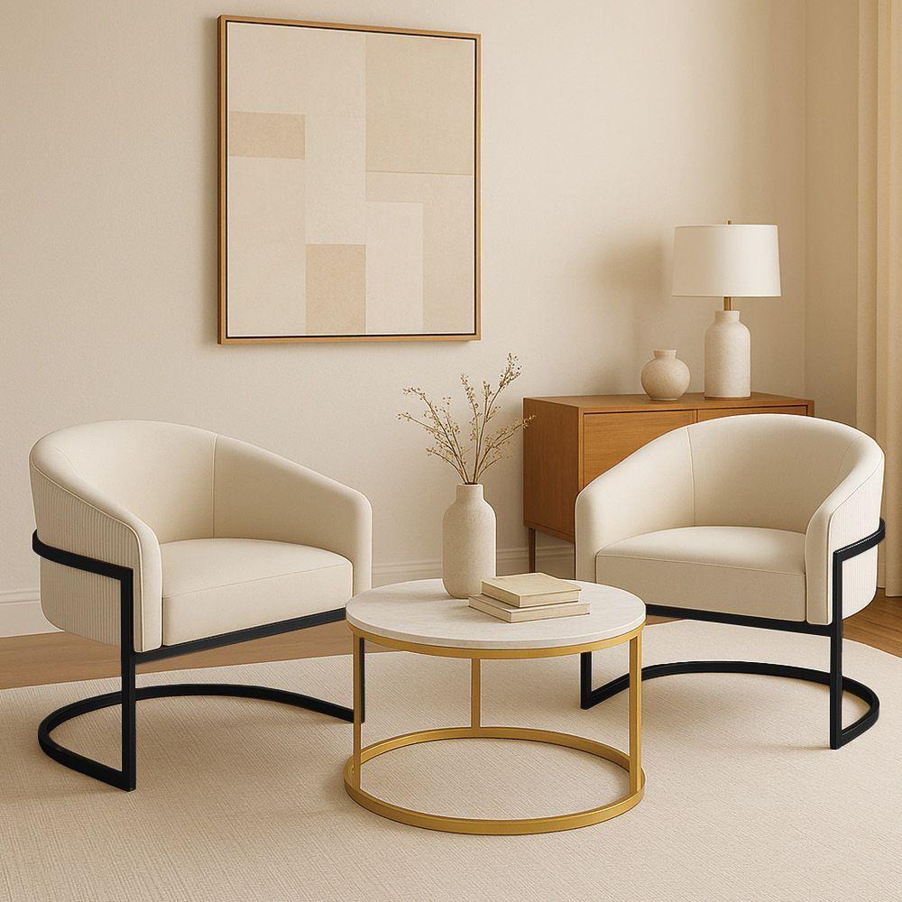 Poltrona Sala Industrial Preto Kit 2 Arielle Veludo Cotelê D03 - D'rossi Bege - 1