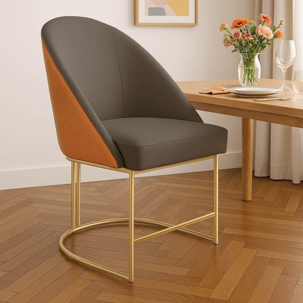 Kit 02 Cadeiras Poltrona De Jantar Bela Corano Nozes E Linho Grafite Base Metálica Industrial Dourado - Pallazio - 2