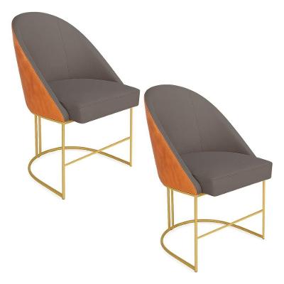Kit 02 Cadeiras Poltrona De Jantar Bela Corano Nozes E Linho Grafite Base Metálica Industrial Dourado - Pallazio