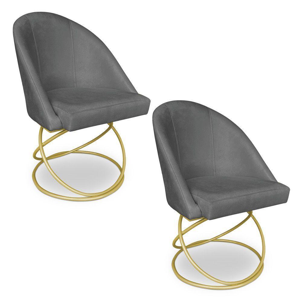 Kit 02 Cadeiras Poltrona De Jantar Bela Suede Grafite Base Metálica Luxo Dourado - Pallazio - 1