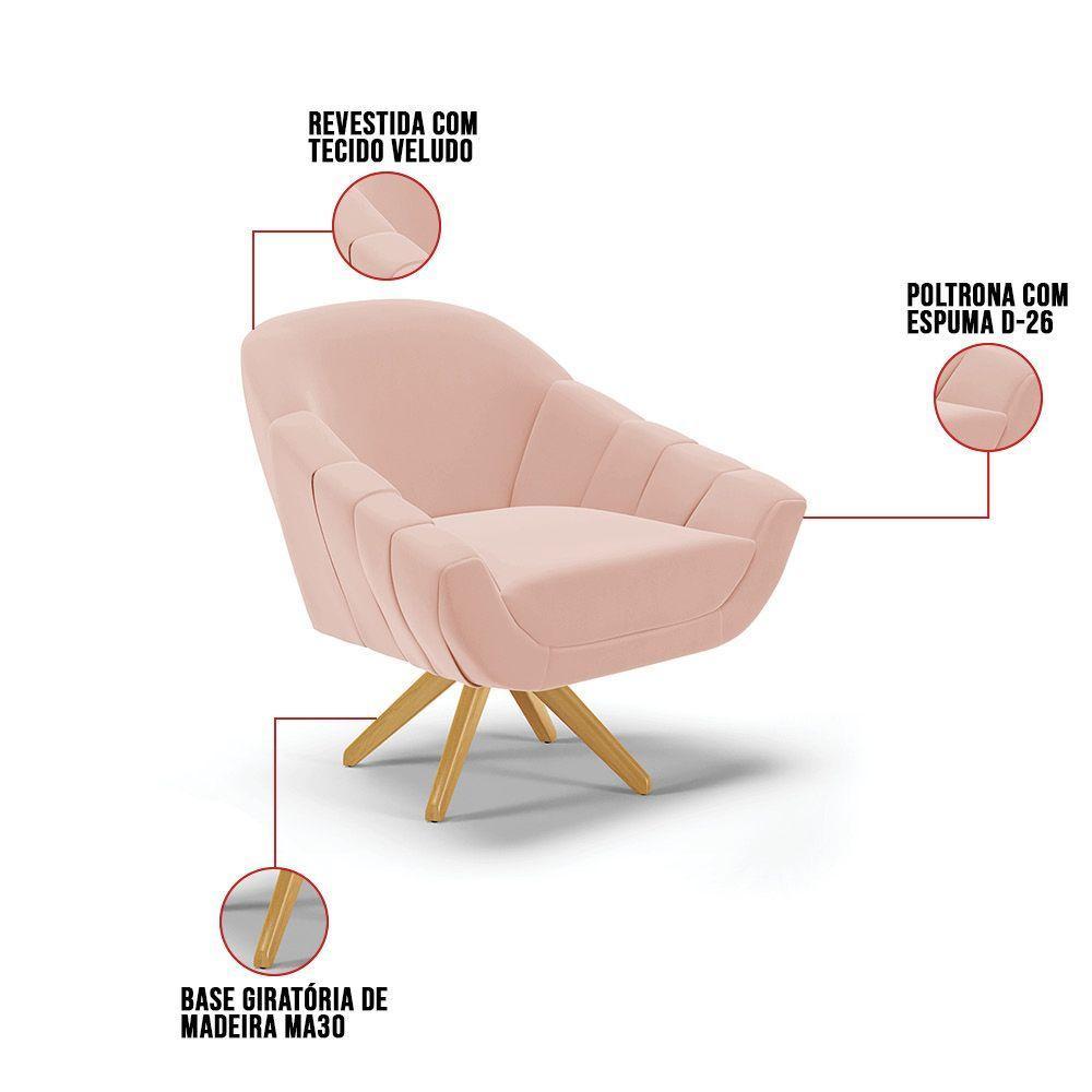 Poltrona Giratória Giovana Veludo Rosê Base Maderia Ma30 D03 - D'rossi - 3