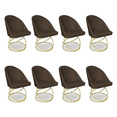 Kit 08 Cadeiras Poltrona De Jantar Bela Suede Base Metálica Luxo Dourado - Pallazio Cor Marrom