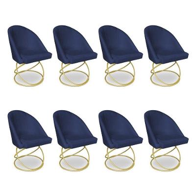 Kit 08 Cadeiras Poltrona De Jantar Bela Suede Azul Marinho Base Metálica Luxo Dourado - Pallazio
