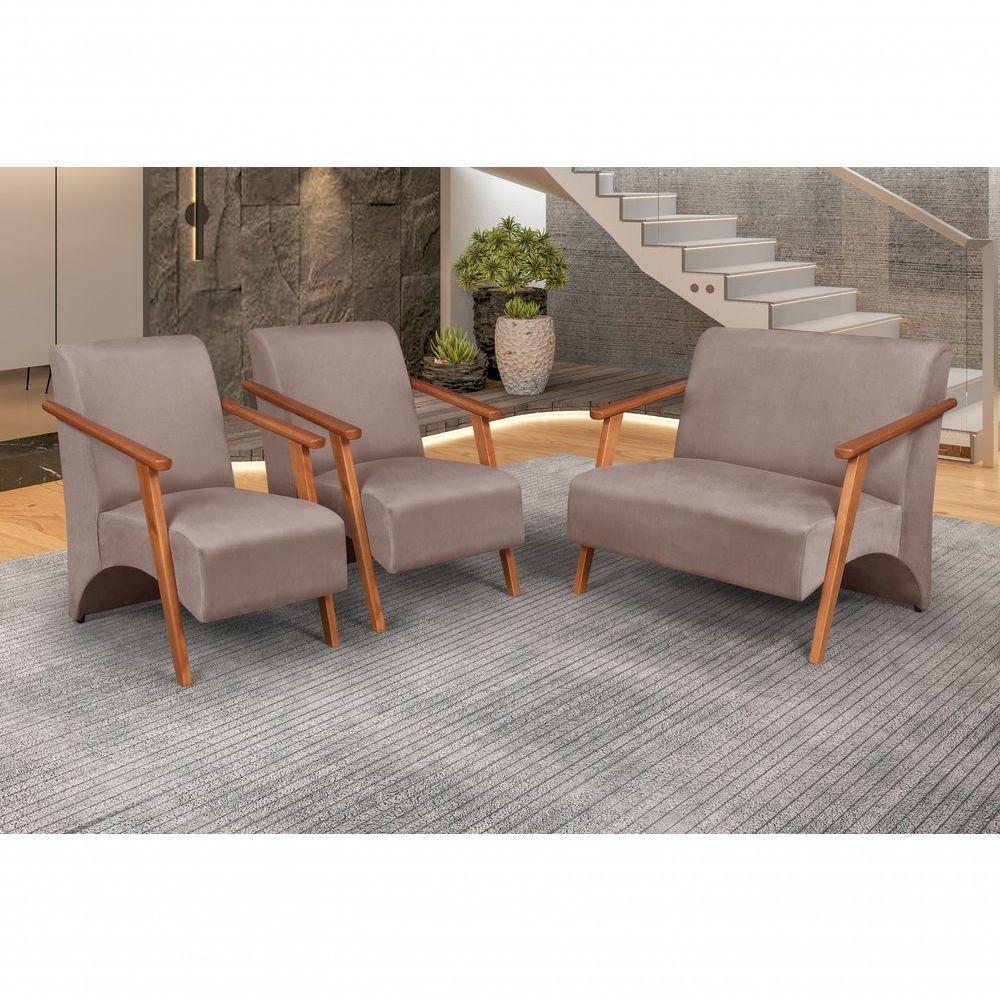 Conjunto Venus Braços Em Madeira Maciça 1 Namoradeira 2 Poltronas Suede Cappuccino - 4