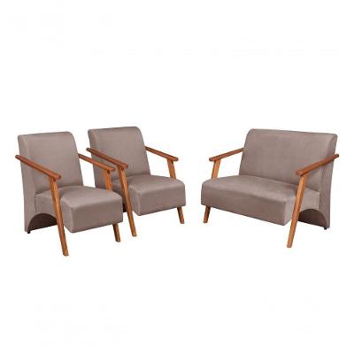 Conjunto Venus Braços Em Madeira Maciça 1 Namoradeira 2 Poltronas Suede Cappuccino