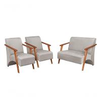 Conjunto Venus Braços Em Madeira Maciça 1 Namoradeira 2 Poltronas Suede Bege - 1