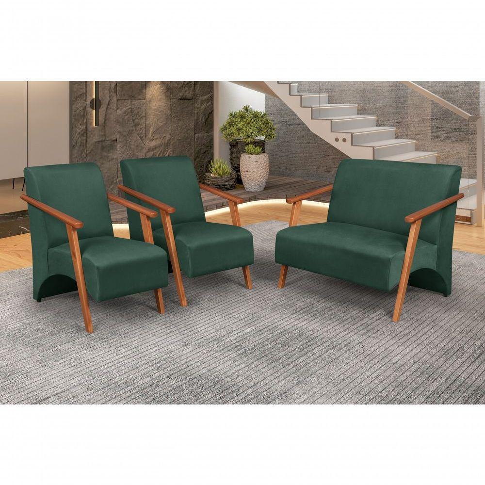 Conjunto Venus Braços Em Madeira Maciça 1 Namoradeira 2 Poltronas Suede Verde - 4