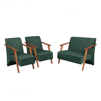 Conjunto Venus Braços Em Madeira Maciça 1 Namoradeira 2 Poltronas Suede Verde