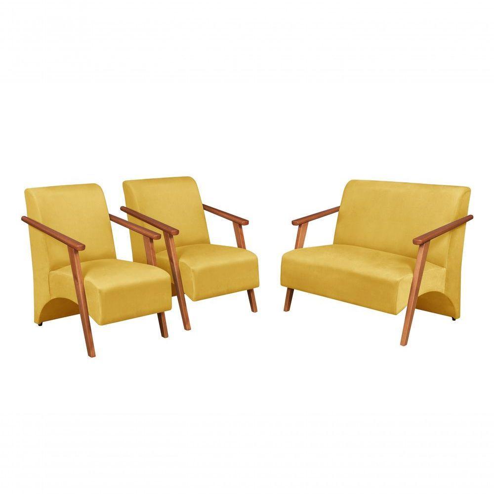 Conjunto Venus Braços Em Madeira Maciça 1 Namoradeira 2 Poltronas Suede Amarelo - 1