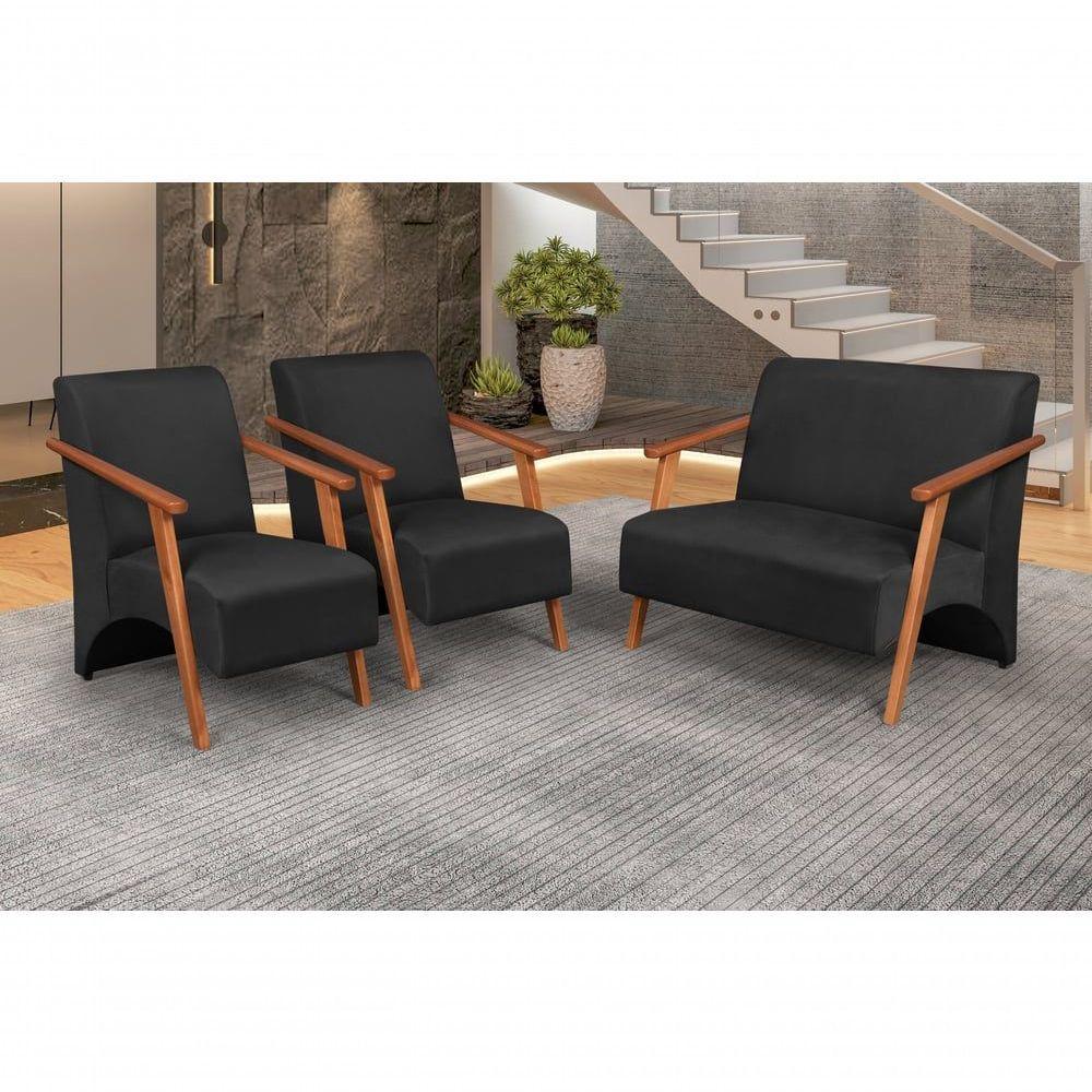 Conjunto Venus Braços Em Madeira Maciça 1 Namoradeira 2 Poltronas Suede Preto - 4