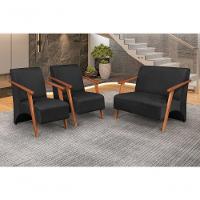 Conjunto Venus Braços Em Madeira Maciça 1 Namoradeira 2 Poltronas Suede Preto - 4