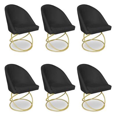 Kit 06 Cadeiras Poltrona De Jantar Bela Suede Base Metálica Luxo Dourado - Pallazio Cor Preto