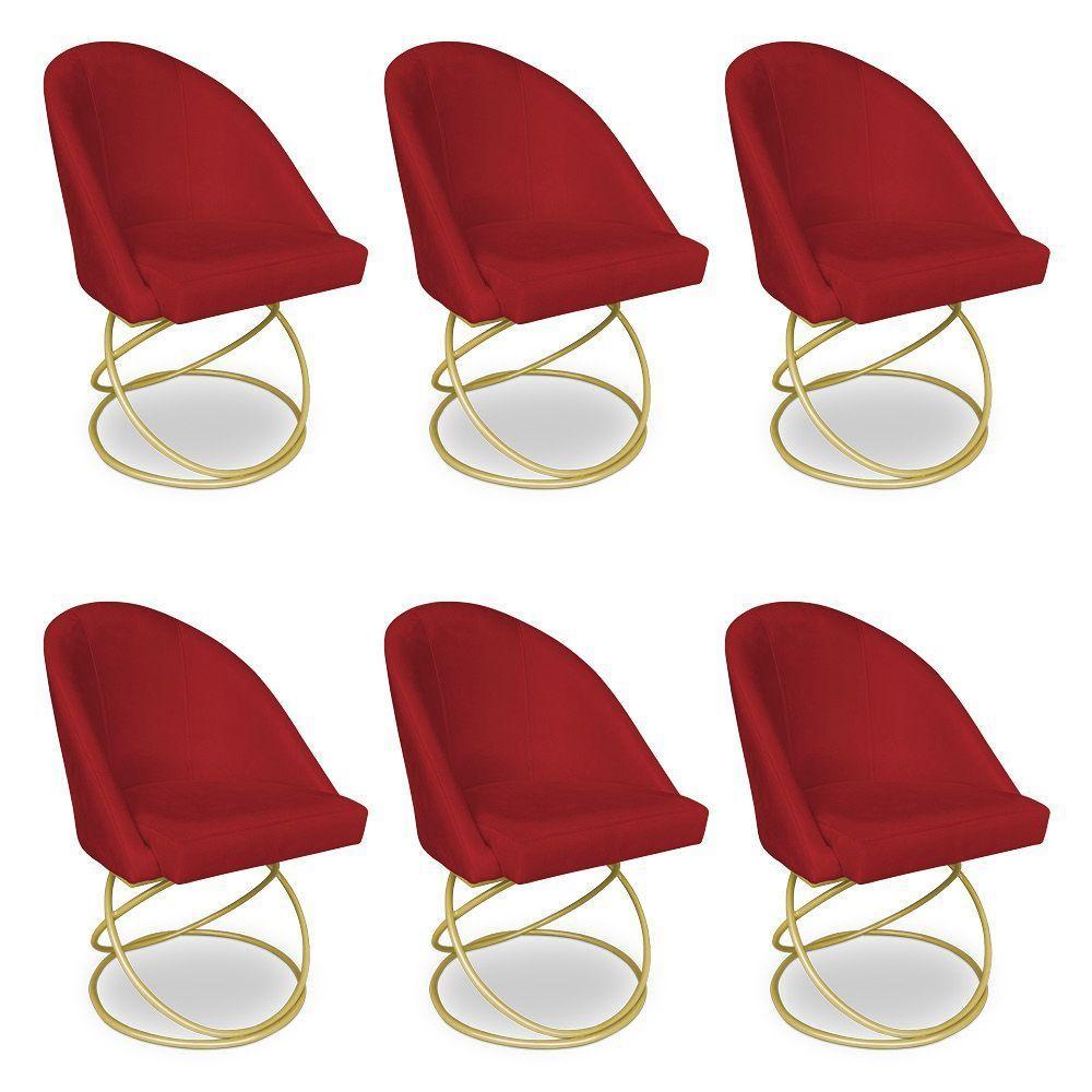 Kit 06 Cadeiras Poltrona De Jantar Bela Suede Base Metálica Luxo Dourado - Pallazio Cor Vermelho - 1