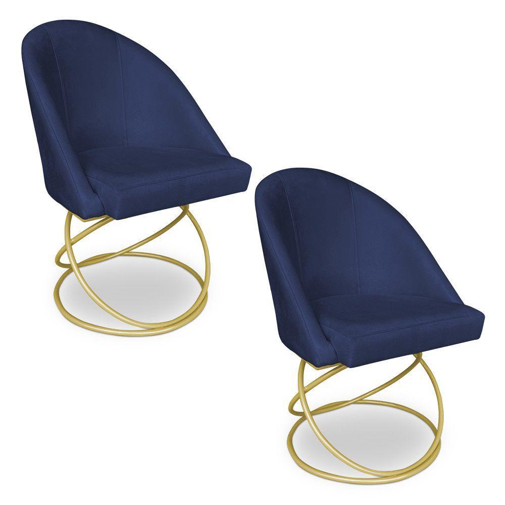 Kit 02 Cadeiras Poltrona De Jantar Bela Suede Base Metálica Luxo Dourado - Pallazio Cor Azul Marinho - 1