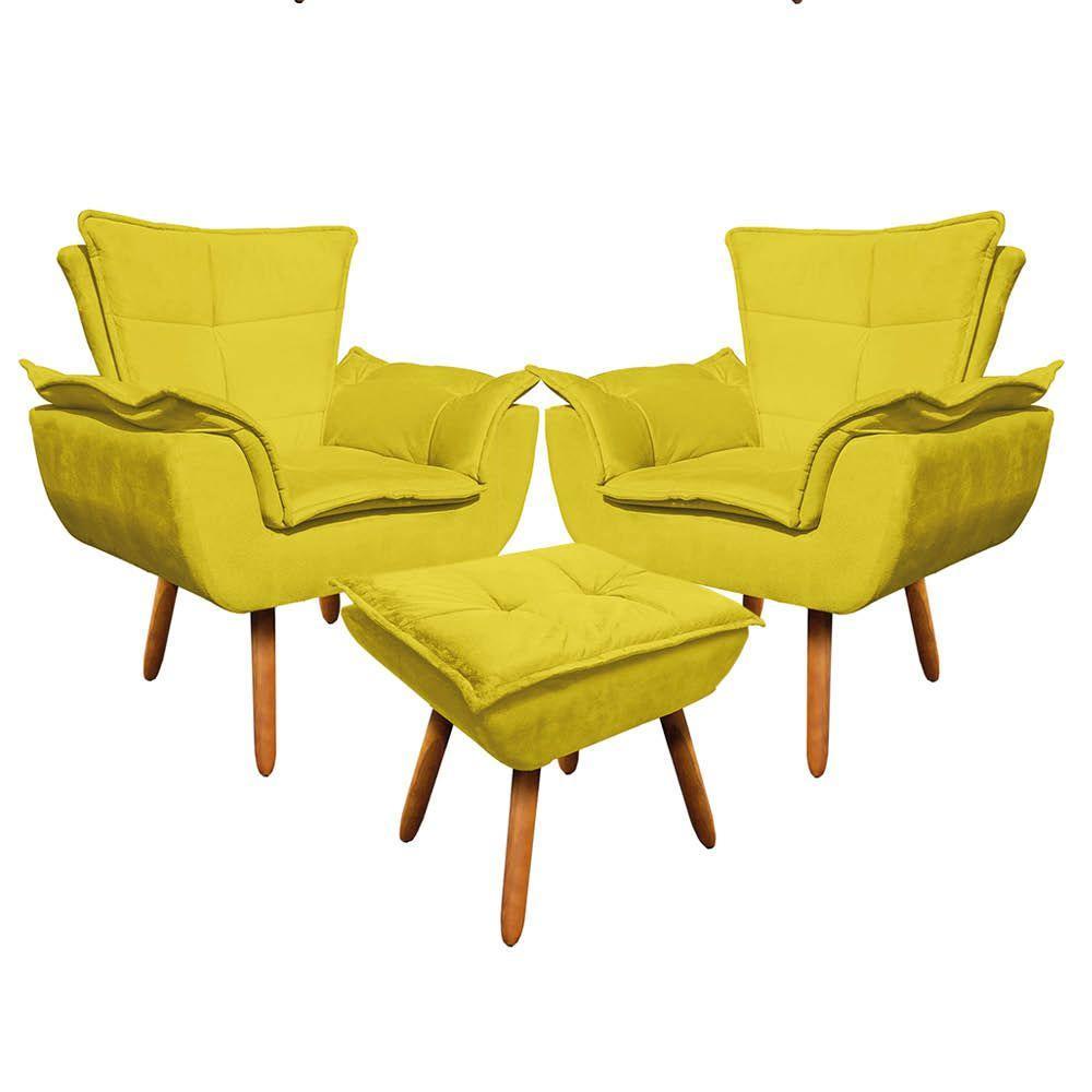 Kit 02 Poltronas Opala Com 01 Puff Opala Suede Amarelo - 1