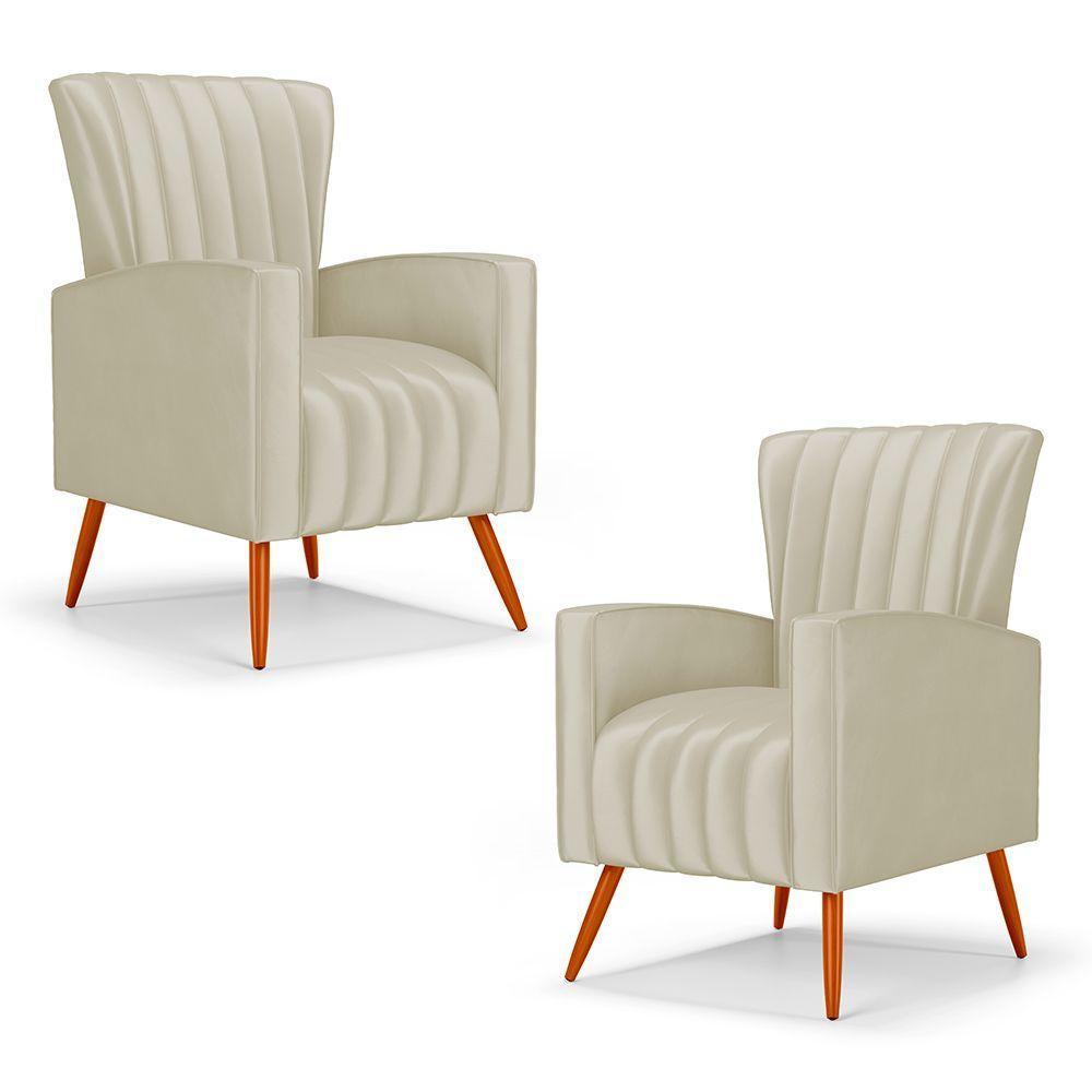 Kit 02 Poltronas Decorativas Melody Com Pés Palito Veludo Bege - Abmaza - 1