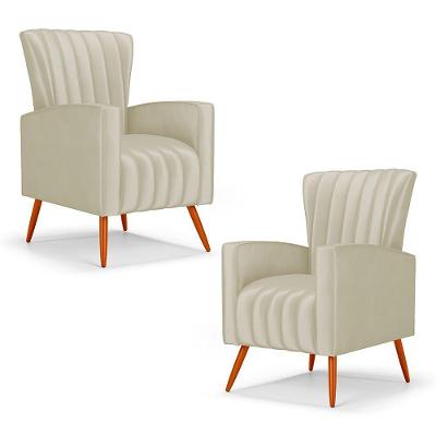 Kit 02 Poltronas Decorativas Melody Com Pés Palito Veludo Bege - Abmaza